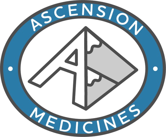 The Ascension Medicines logo: an oval badge with a blue outer ring carrying “Ascension” arced across the top and “Medicines” across the bottom in white capitals, around a white centre holding a stylised letter A drawn as a mountain peak.