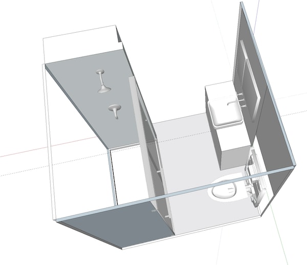 The SketchUp model of the bathroom: an untextured 3D massing view looking down into the room with the near walls cut away, showing the shower with its fixed and handheld heads, a glass divider, the vanity and sink against the far wall, and the toilet.